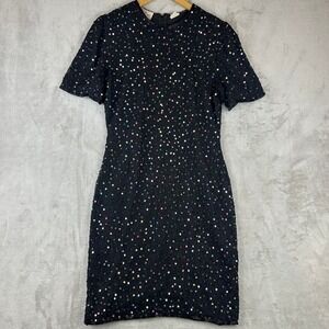 Laurence Kazar Black Beaded Sequin Dress Short Sleeve Sheath Evening Size S